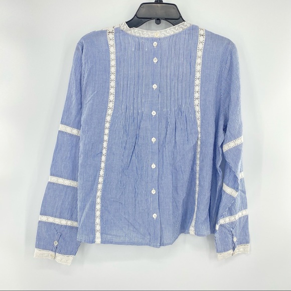 Lini NWT Bloomingdale's Alice Lace Inset Pin Striped Back Button Blouse Blue New - Picture 3 of 10
